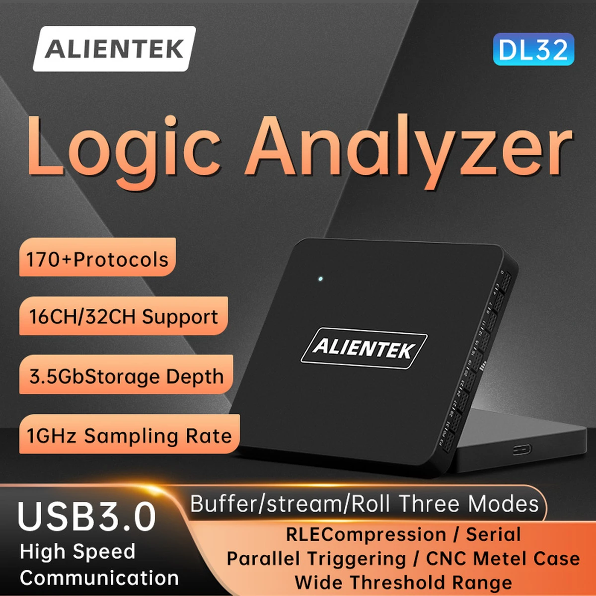 Analyseur logique DL32, 32 canaux, protocole USB 3.0, logiciel de décodage de protocole de débogage, fréquence d'échantillonnage maximale de 1 Gbit/s