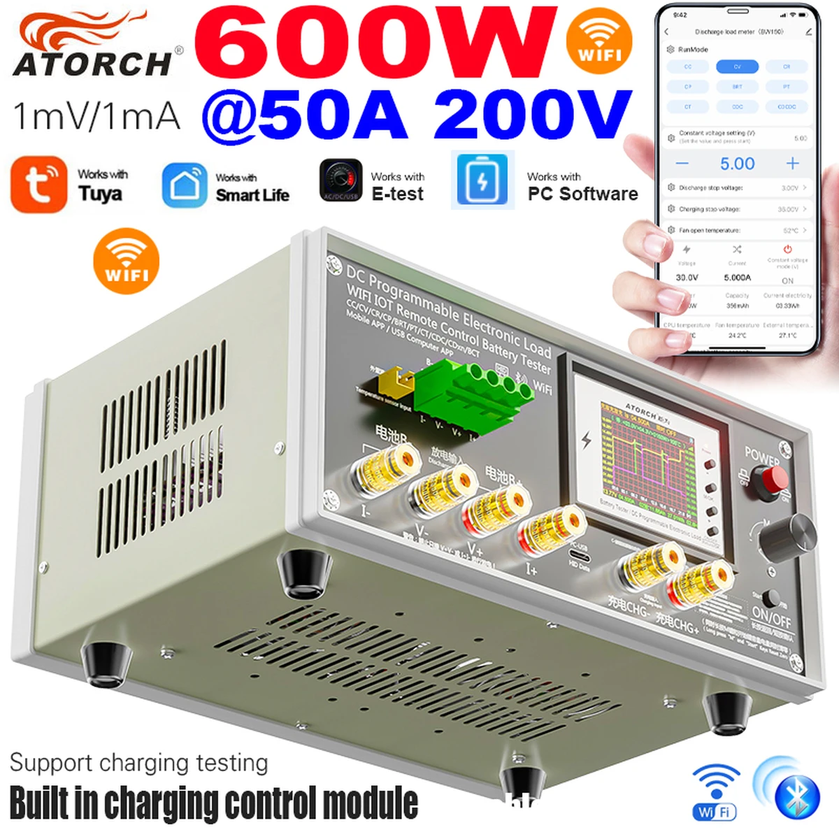 Testeur de charge électronique CC WiFi BW-600W-DK 200 V 50 A, moniteur de capacité de batterie, outils de charge pour l'application Tuya