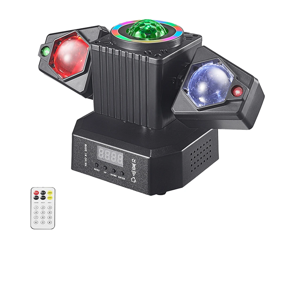 Projecteur laser LED 50W à tête mobile rouge et verte avec boule magique rotative et télécommande, idéal pour DJ, fêtes et anniversaires.