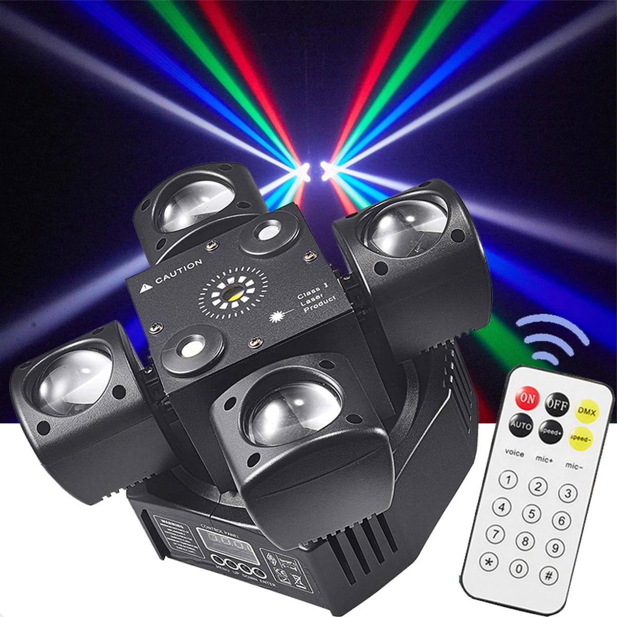 Mini projecteur à tête mobile à 4 bras avec contrôle DMX et son, LED RGBW, faisceau laser rouge et vert, stroboscope pour discothèques, DJ et bars.