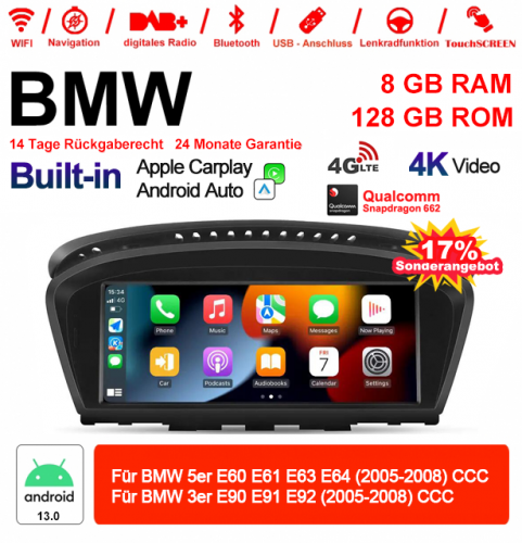 8.8" Qualcomm Snapdragon 662 Android 13.0 4G LTE Autoradio / Multimédia USB WiFi Navi Carplay Pour BMW 5 Series E60 E61 E63 3 Serie E90 E91 E92 CCC