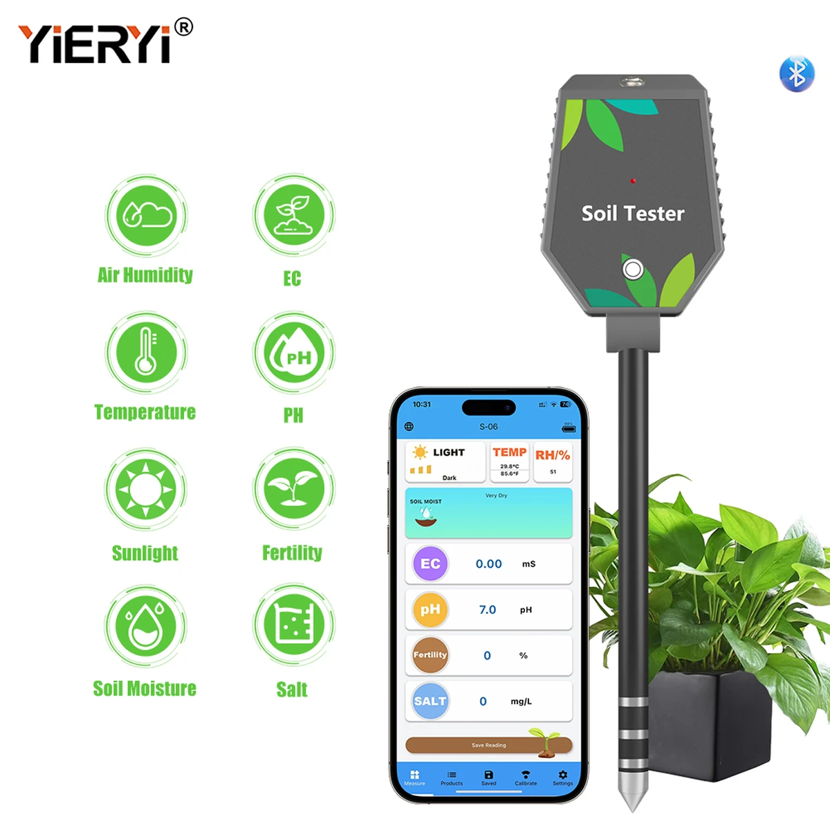 pH-mètre de sol 8 en 1 : mesure du pH,de la conductivité électrique,de la fertilité, et détecteur de lumière et d’humidité Bluetooth pour les plantes.