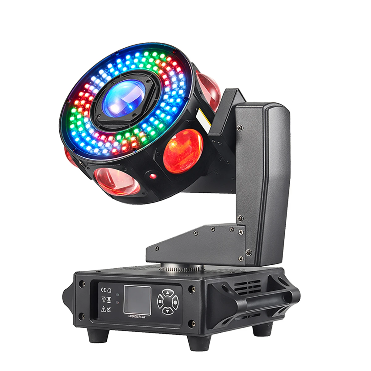 Projecteur LED asservis RGBW 160 W à 3 axes avec rotation à 360° et effet stroboscopique DMX, idéal pour DJ, discothèque, mariage et soirées.