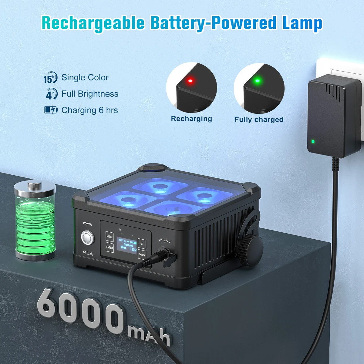 Projecteur PAR LED étanche 40W RGBWA+UV carré, batterie intégrée, DMX, pour DJ et soirées disco.