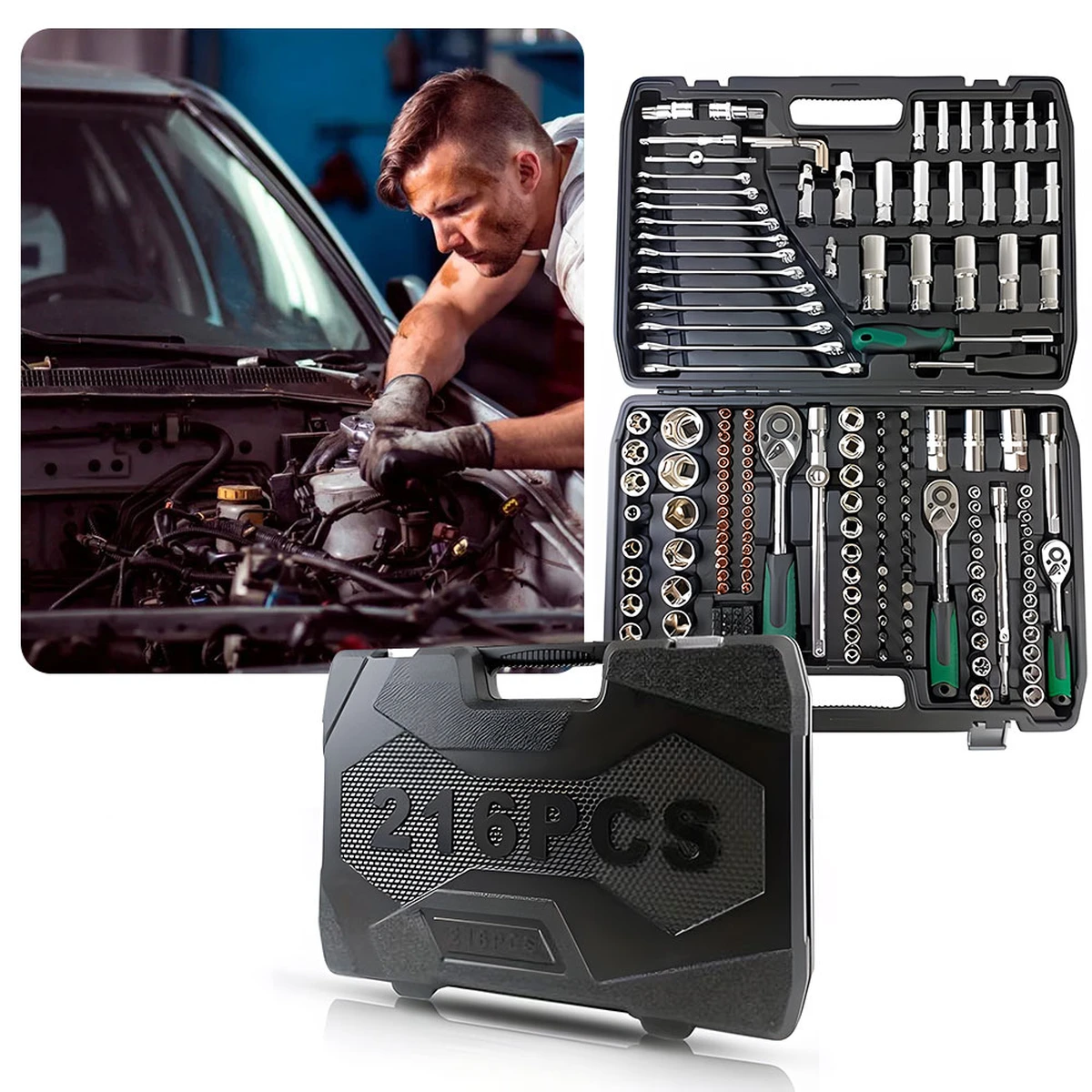 Coffret de 216 outils de mécanique automobile (clés à douille 1/4", 3/8", 1/2") pour la réparation automobile, moto et usage domestique.