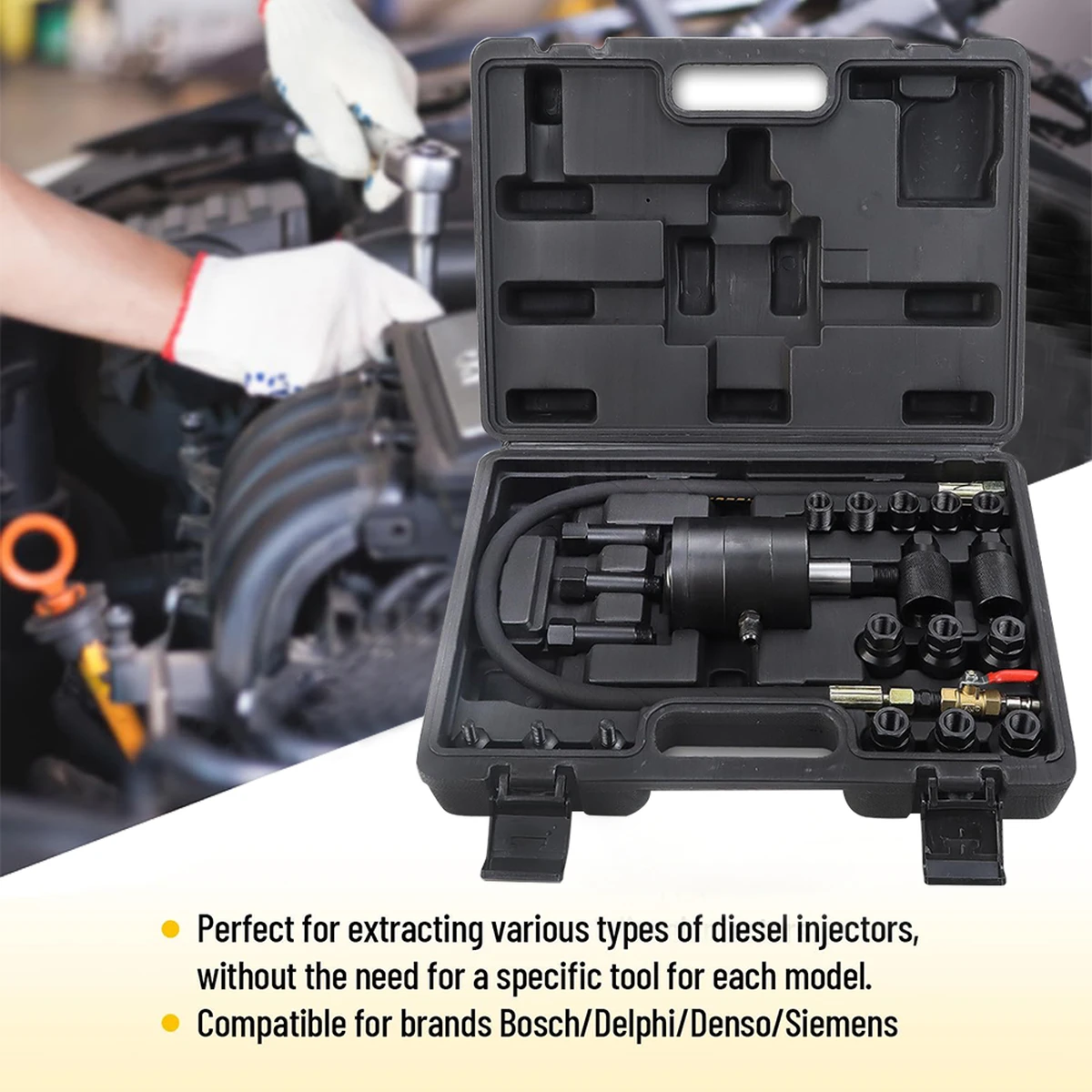 Extracteur d'injecteurs diesel pneumatique en 21 pièces avec divers adaptateurs pour le démontage des injecteurs fixes des moteurs diesel