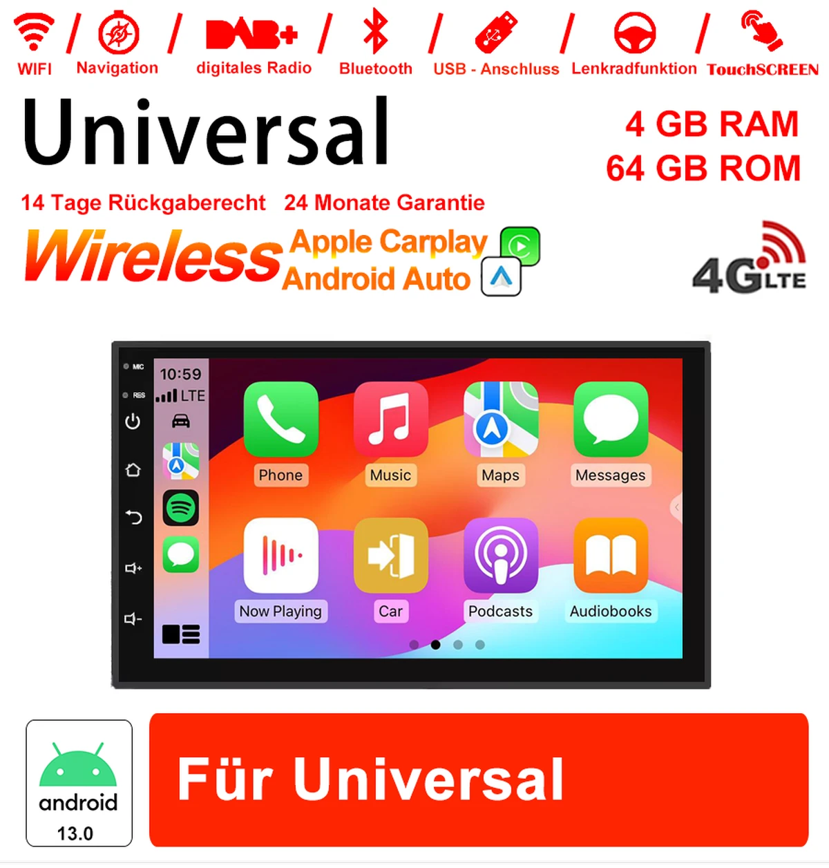 7 inch Android 13.0 Car Radio / Multimedia 4GB RAM 64GB ROM for Universal GPS Navigation Stereo Radio Built-in Carplay / Android Auto