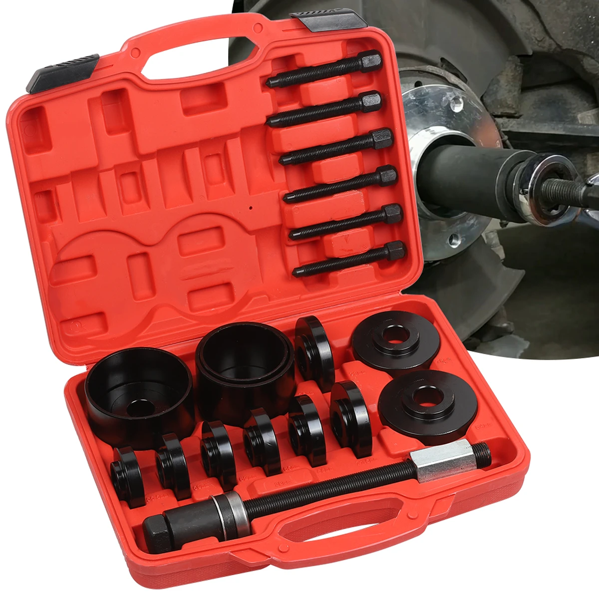 Coffret de 19 outils pour le démontage des roulements de roue avant, comprenant un extracteur de roulements et une mallette de rangement.