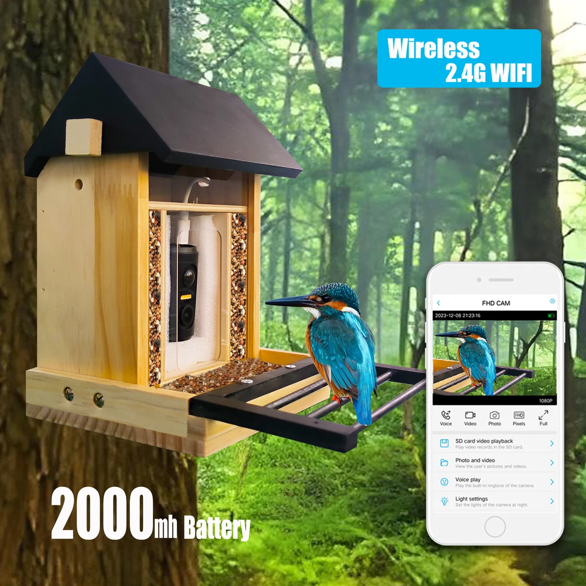Mangeoire à oiseaux 1080p avec caméra HD, vision nocturne solaire à faible consommation, pour une utilisation extérieure, étanche IP66