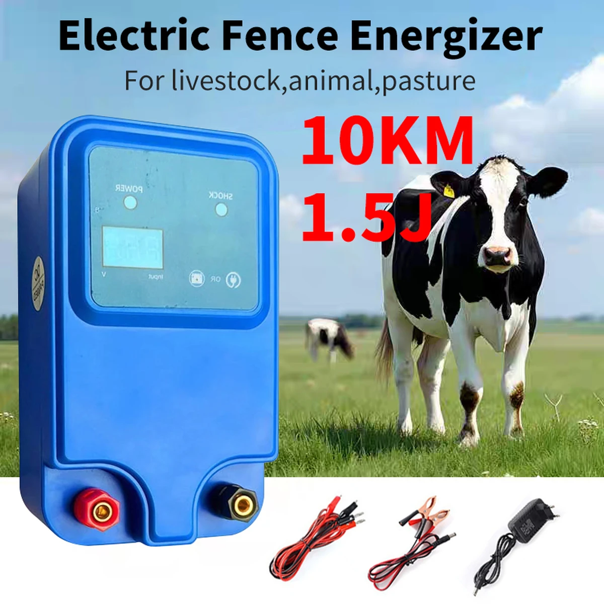 Électrificateur de clôture électrique 10 km 1,5 J pour bovins, ovins, bétail, pâturages, unité de clôture, 12 V