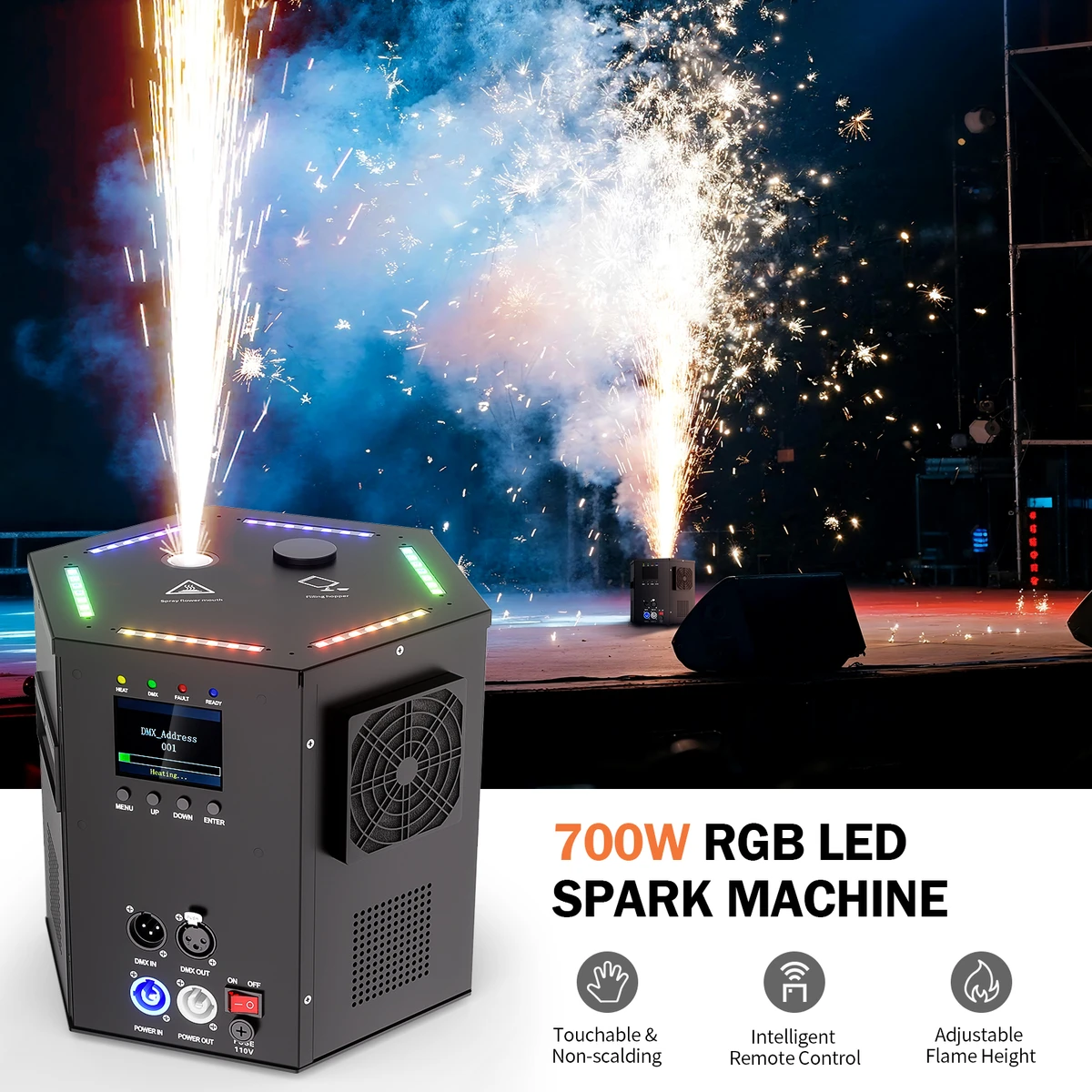 Machine à étincelles froides LED 700W avec éclairage RGB, DMX, machine à jets d’étincelles électroniques, effet de scène pour intérieur et extérieur