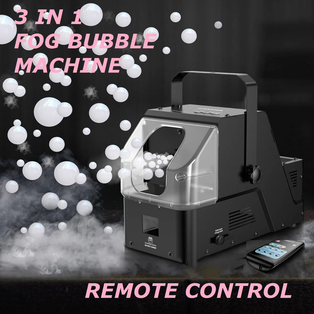 Machine à bulles et à brouillard 3 en 1, 400 W, avec télécommande sans fil, produit des bulles, de la brume et du brouillard.