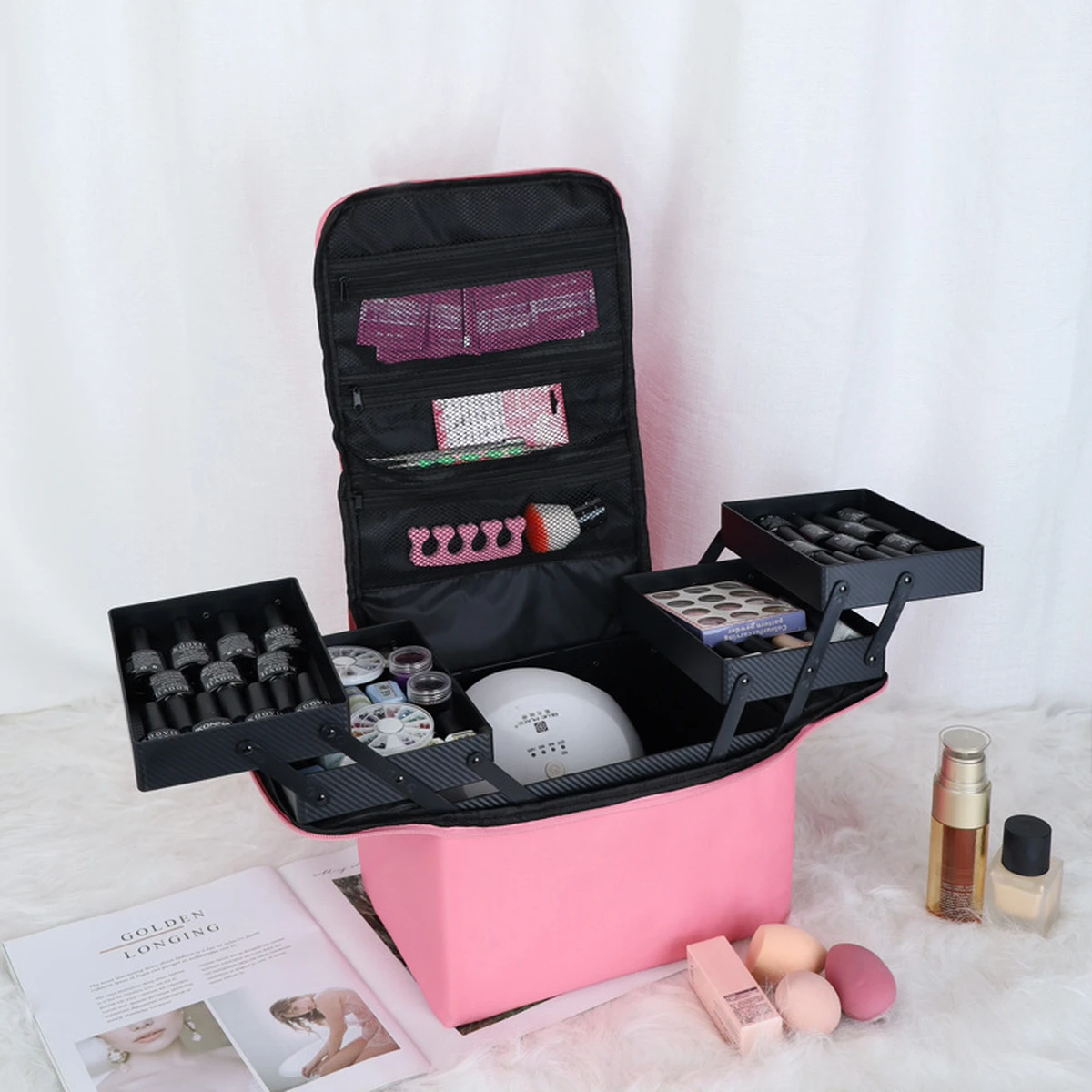 Portable multi-layered waterproof nail art toolbox, makeup handbag, storage bag, multifunctional cosmetic box
