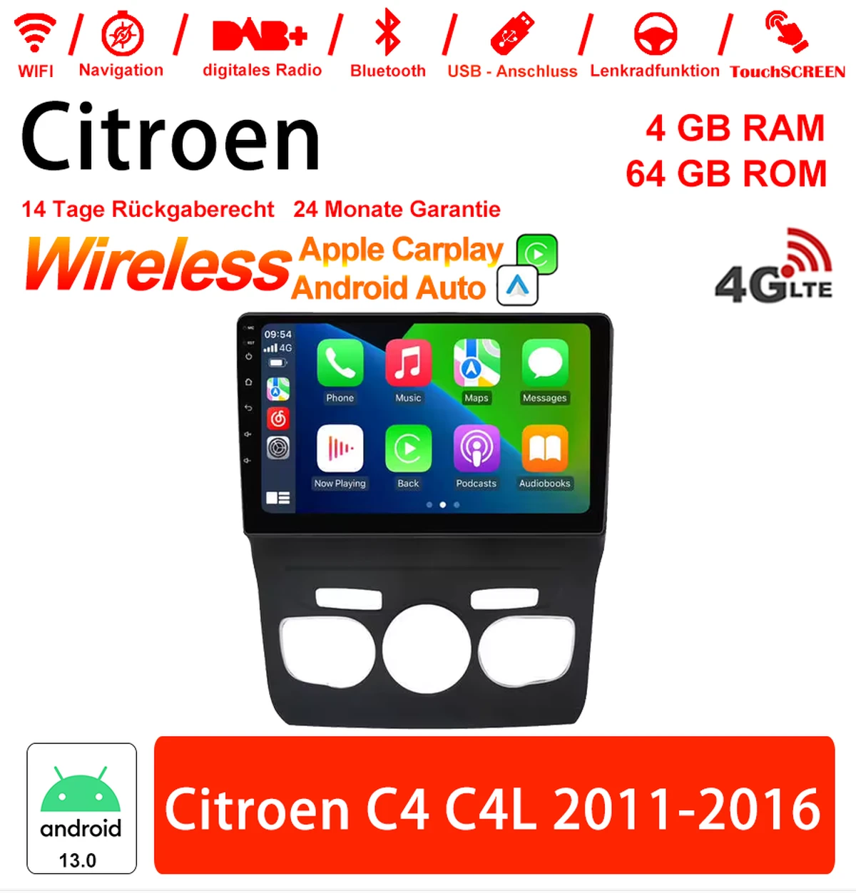 10 inch Android 13.0 car radio / multimedia 4GB RAM 64GB ROM for Citroen C4 C4L 2011-2016