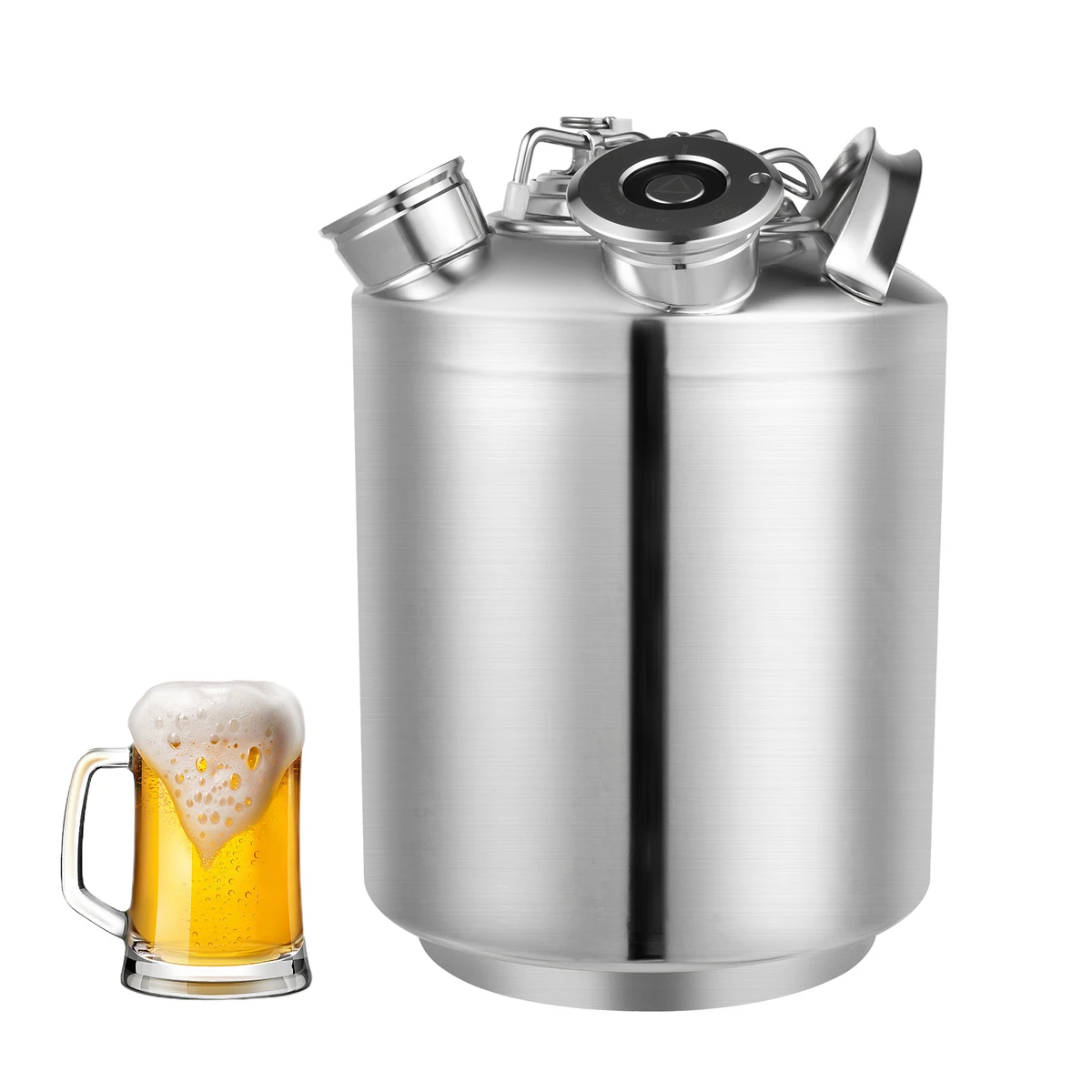 Kit de nettoyage de conduites de bière comprenant un fût de 10 L, un raccord 2D et un nettoyeur de conduites en acier inoxydable.