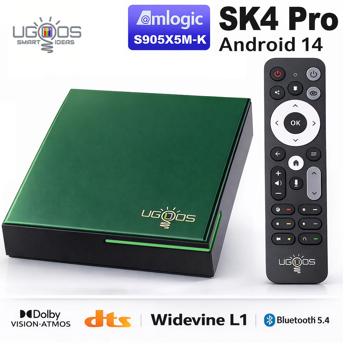 UGOOS SK4 Pro Android Boîtier TV avec 4Go RAM 64Go ROM - Android 14 | Amlogic S905X5M-K | Widevine L1 | DTS | 4K HDR Streaming