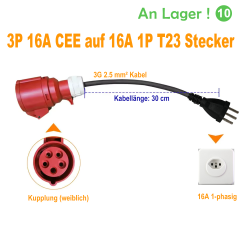 16A 3 Phasen CEE auf Schweizer T23 Adapterkabel für 16A Steckdose und EV Ladegeräte