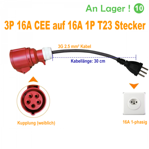Câble adaptateur CEE 16A triphasé vers T23 pour prise suisse 16A et recharge EV