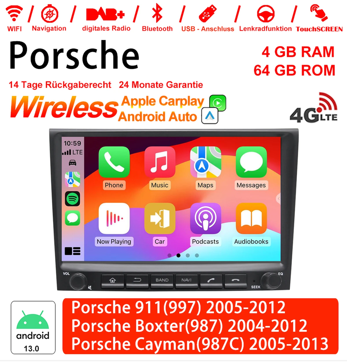 8 pouces Android 13.0 4G LTE Autoradio /multimédia 4go de RAM 64go ROM pour Porsche 911(997) Boxter(987) Cayman(987C) intégré Carplay/Android Auto