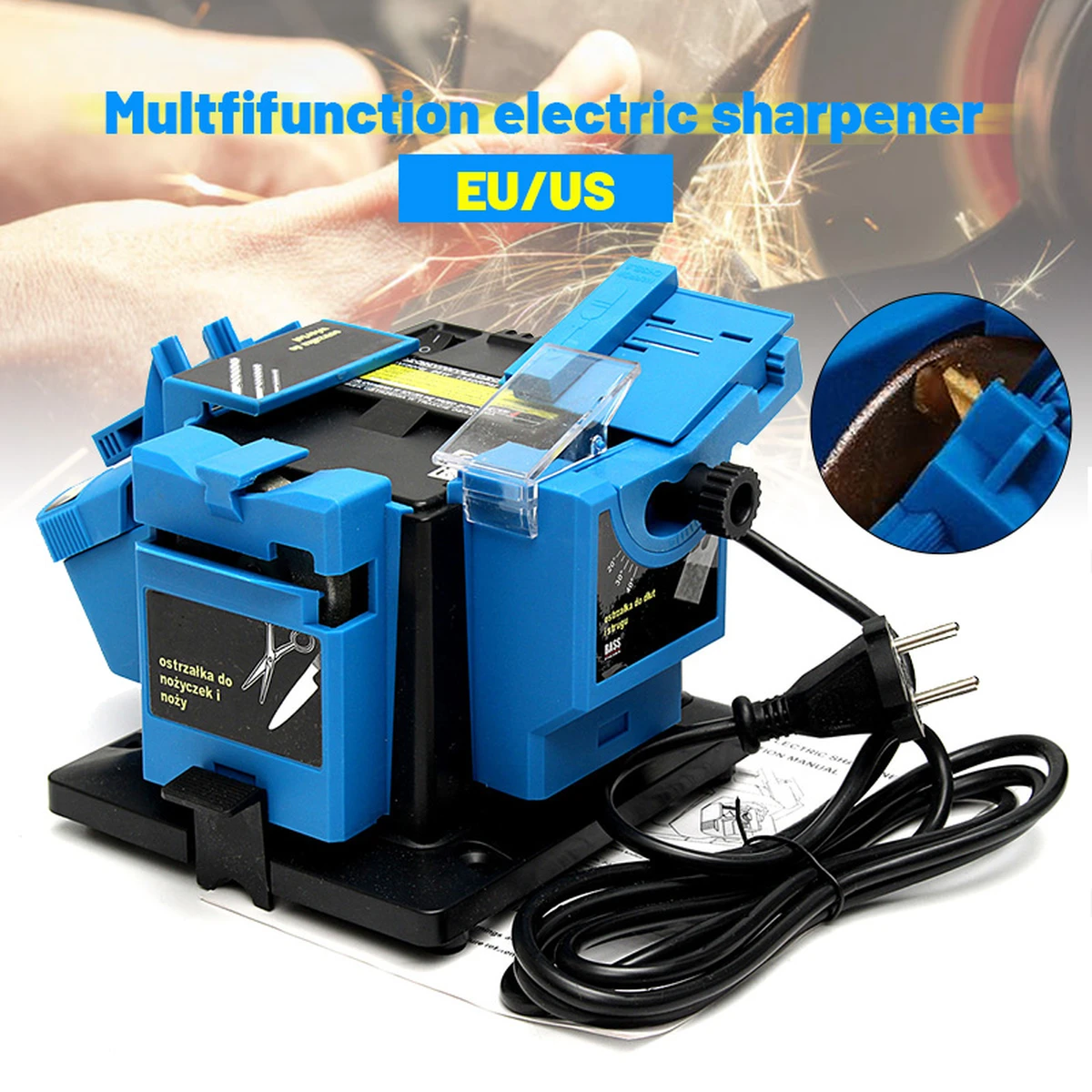 Affûteuse électrique multifonctionnelle 96 W pour usage domestique : outil d'affûtage pour couteaux, forets HSS, ciseaux et burins.