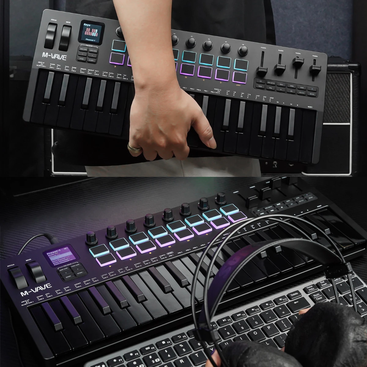 Contrôleur MIDI M-VAVE SMK-37 PRO avec 37 touches, noir, 16 pads RGB, 8 boutons, synthétiseur intégré
