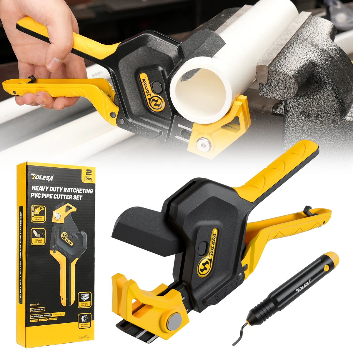 Coupe-tubes PVC haute performance avec cliquet à 3 vitesses, réglable jusqu'à 6,35 cm (2,5 pouces) – pour tubes en plastique PEX, PVC et PPR