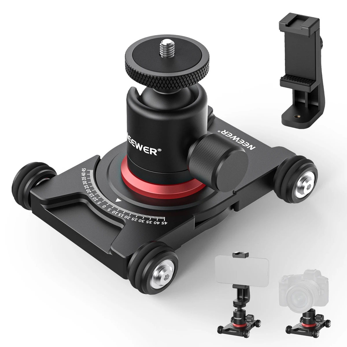 Neewer Camera Slider Dolly with Ball Head & Phone Clamp, 4 Wheels, Tabletop Dolly, Manual Skater with 360° Panorama