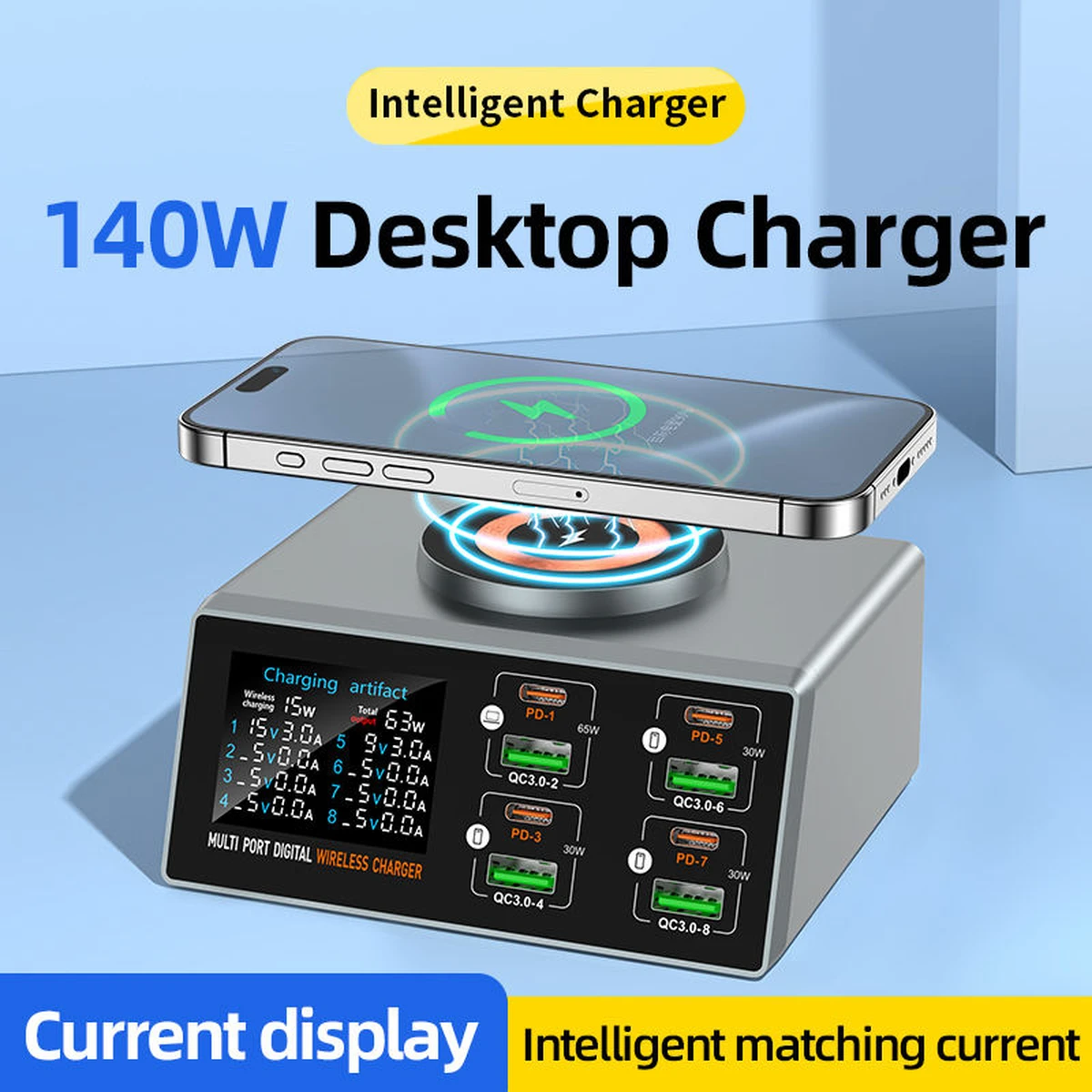 140W Smart Fast Charger, 8-Port USB Fast Charging Station for Multiple Android Phones, Travel, Home, Office, Hotel