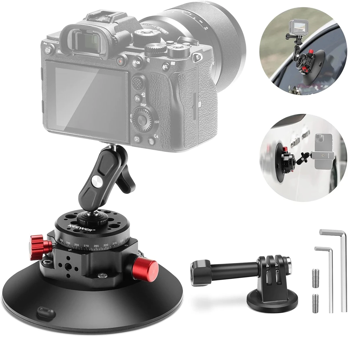Neewer 6" Camera Suction Cup Mount with Ball Head, Magic Arm, Metal Car Mount for Camera/Phone, Air Pump, Vacuum Suction Cup for Car