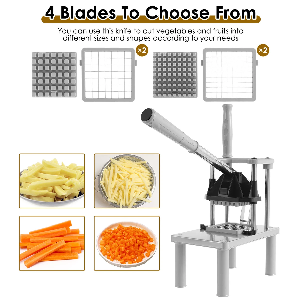 Stainless steel French fry cutter, commercial vegetable and fruit chopper, manual food dicing cutter with 4 replacement blades