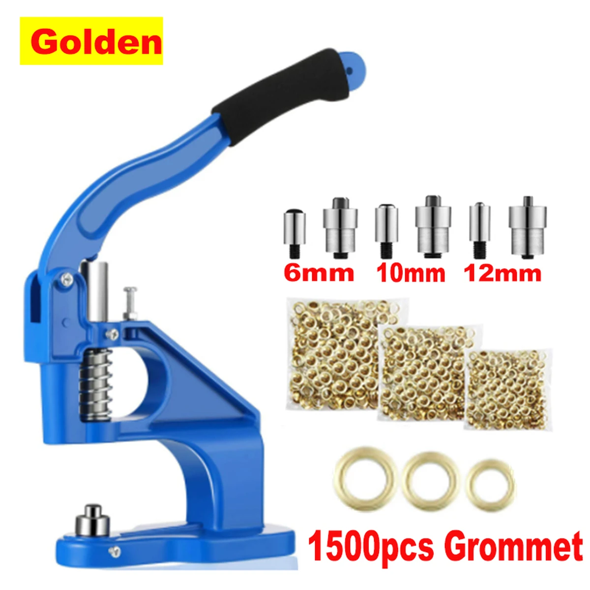Manual eyelet machine, DIY hand press, sewing, pressing, punching tool with 6/10/12 mm dies + 1500 eyelets