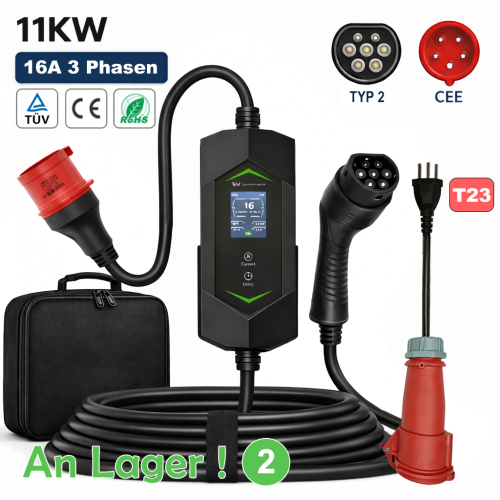 11kW Typ 2 EV Ladegerät Set mit CEE auf T23 Adapter 16A