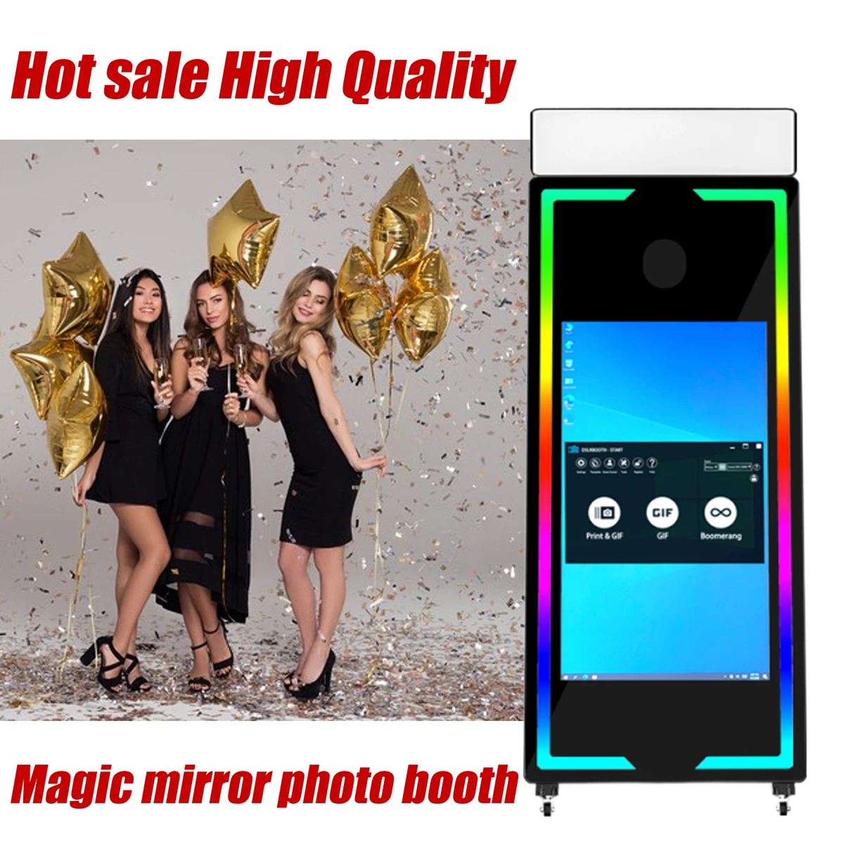 Photobooth magique portable avec mini-PC intégré, miroir tactile pour mariages et fêtes, avec sac de transport pour éclairage RGB.