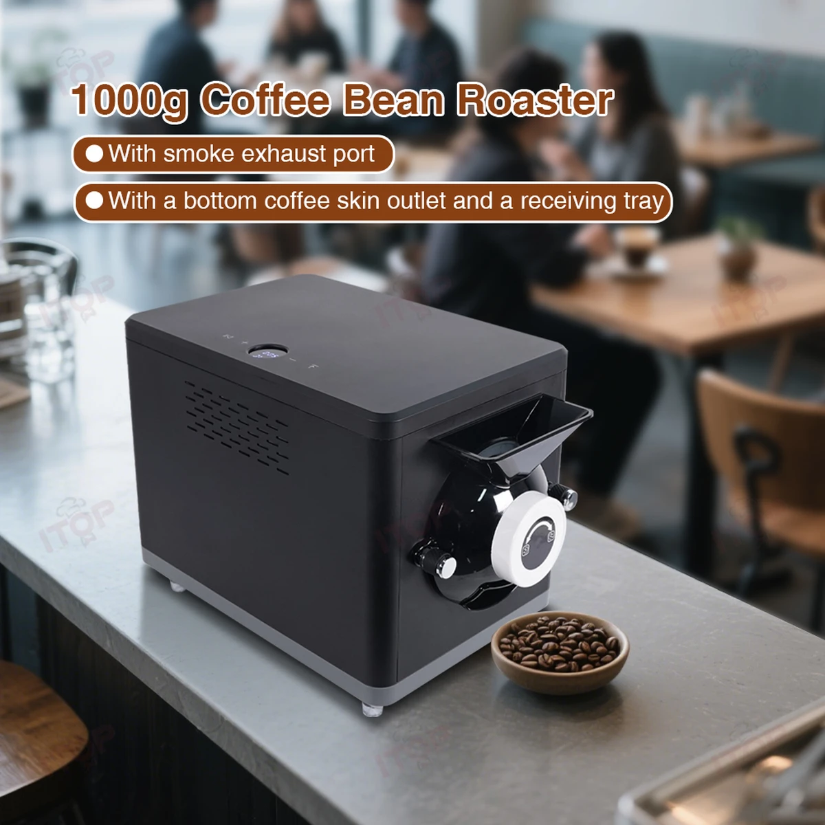 Electric coffee roaster 1600 W, 200–1000 g capacity, with smoke extraction, silverskin outlet and drip tray