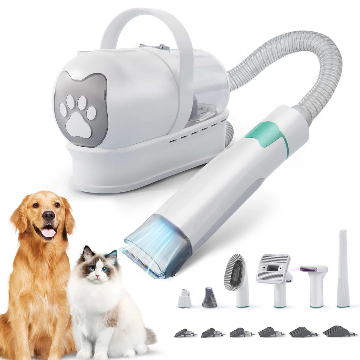Aspirateur pour poils d'animaux 7 en 1 400 W, sèche-cheveux pour chiens, kit de toilettage avec bac de récupération des poils et outil d'épilation
