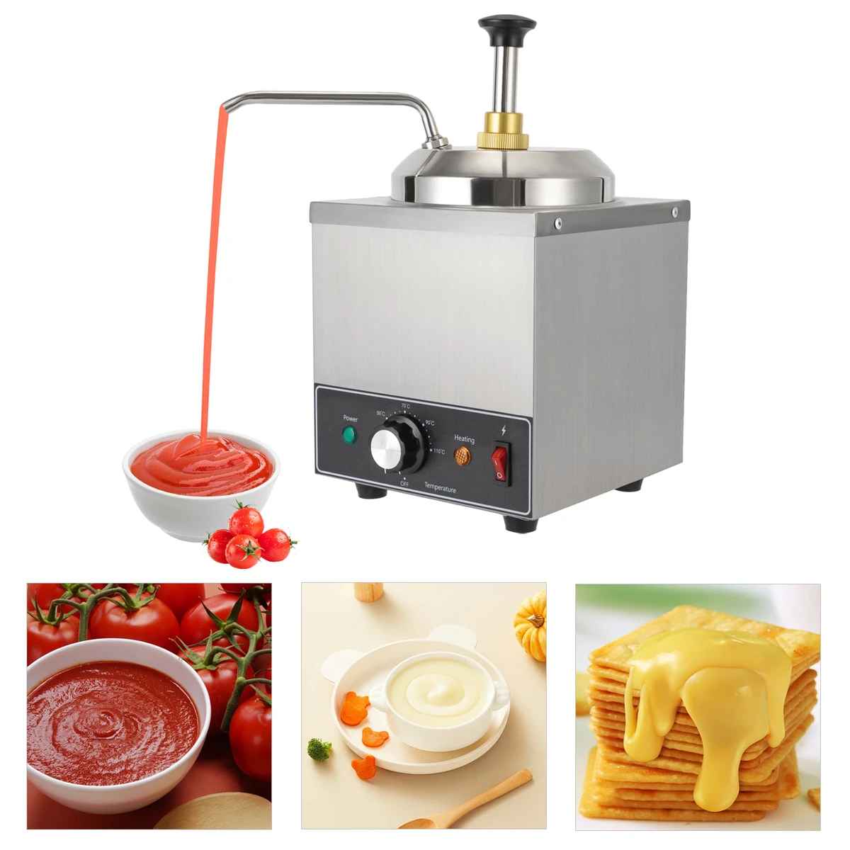 Distributeur de sauces professionnel 650 W 2,1 L, distributeur de sauce au fromage à une tête, chauffage électrique, acier inoxydable, crème, chocolat