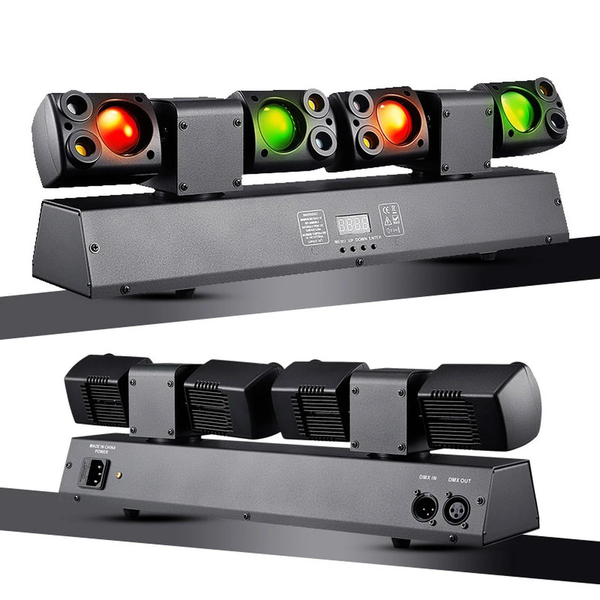 Projecteur LED DJ double tête DMX pour ambiance disco, éclairage dynamique pour soirées à domicile et fêtes.