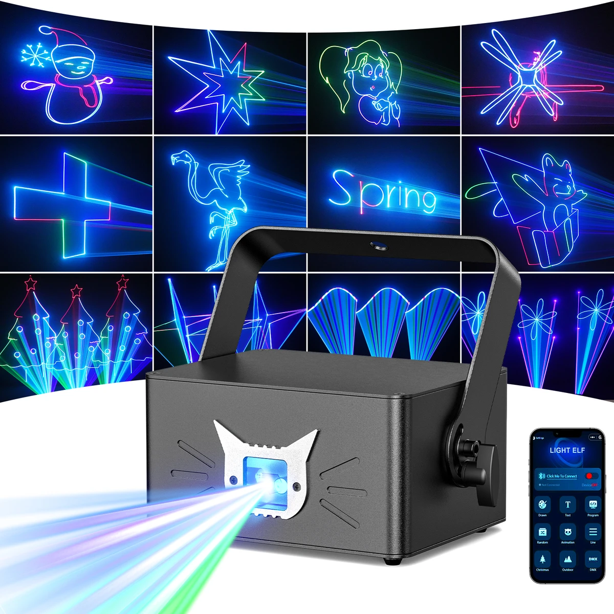 Projecteur DJ RGB 25W avec effet 3D, contrôle Bluetooth via application, DMX et batterie pour éclairage de scène, idéal pour discothèques et mariages.
