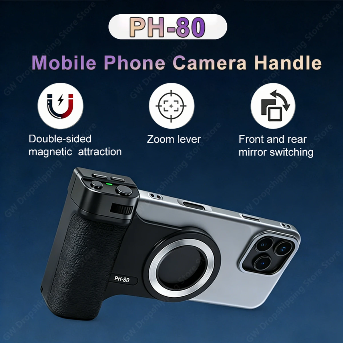 Poignée magnétique Bluetooth pour appareil photo de téléphone avec zoom, déclencheur lumineux et télécommande, stabilisateur de téléphone portable