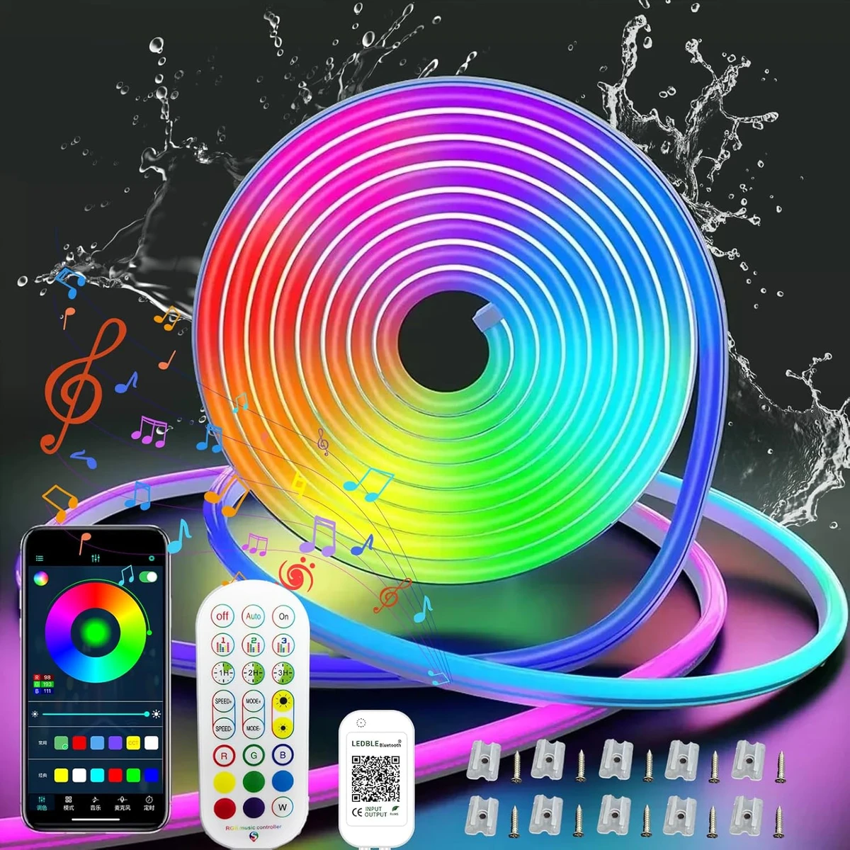 RGB LED neon light strip for outdoor use, IP67 waterproof, with app & remote control, music synchronization, dimmable