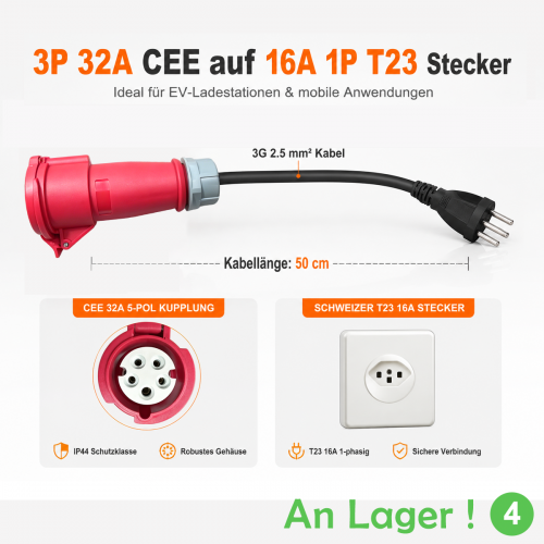 Câble adaptateur CEE triphasé 32A vers prise suisse T23 16A pour chargeurs EV