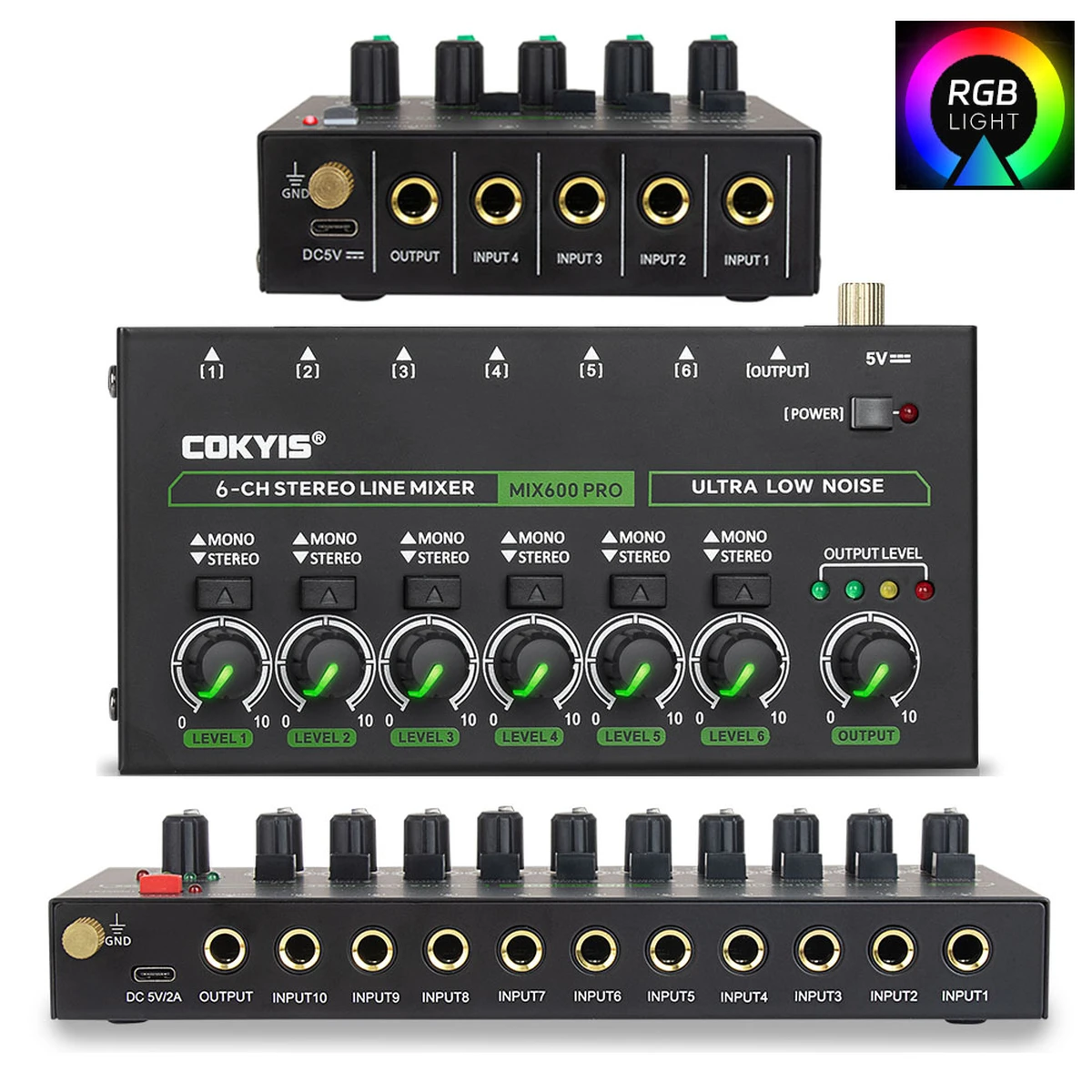 4/6/10-Channel Ultra-Low-Noise Stereo Line Mixer – Mini professional audio mixer with RGB lighting, DC 5V, easy operation