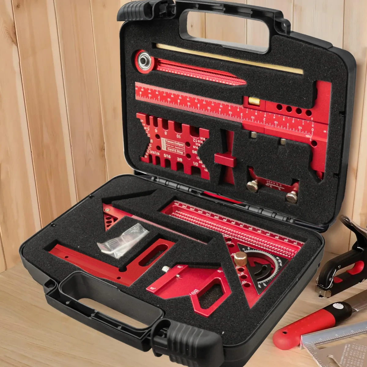9-piece woodworking set with storage box, aluminum scribing ruler, center finder, compass, height gauge and marking tools