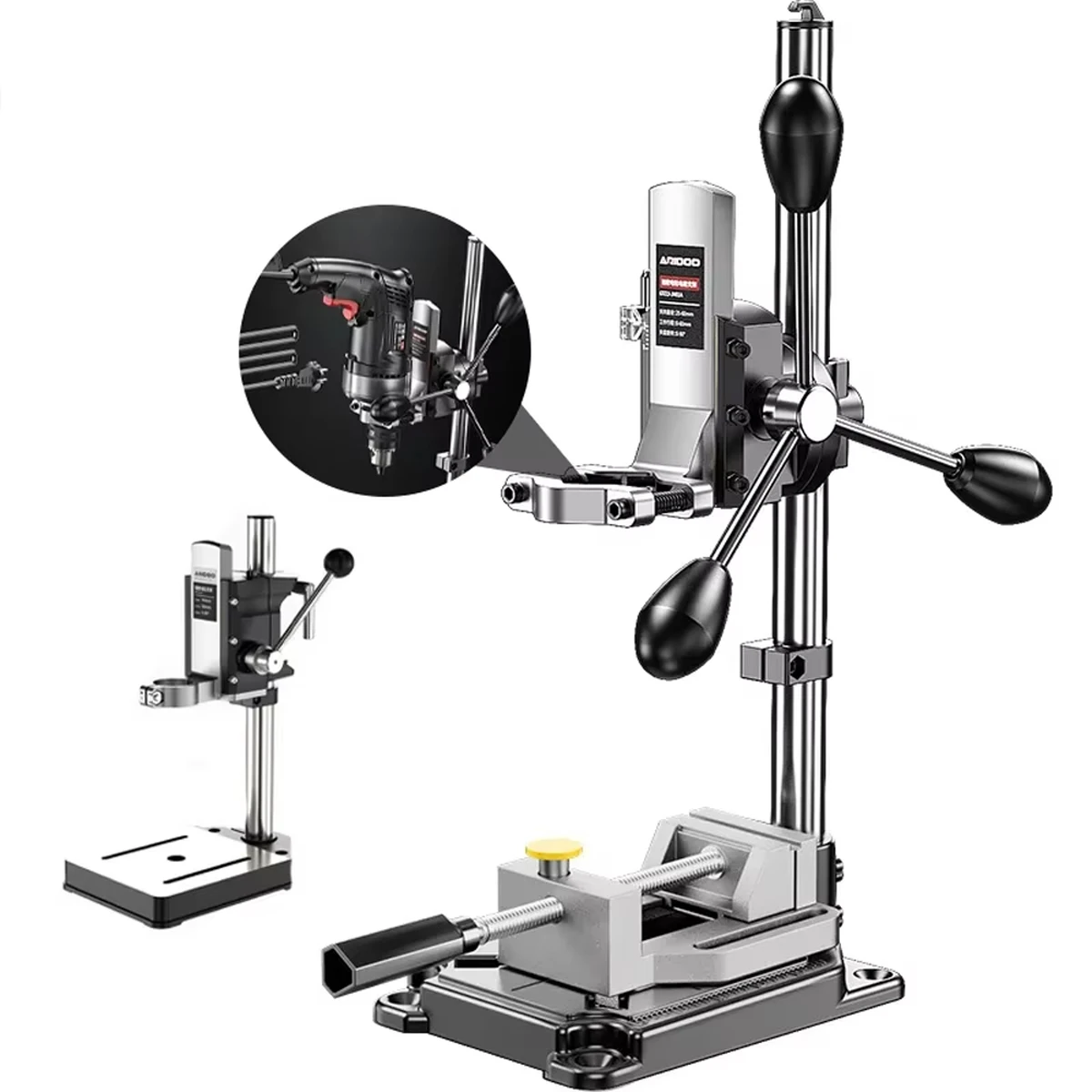 Adjustable drill stand for electric hand and impact drills, 2-in-1 bench drill holder, convertible, for precise DIY projects