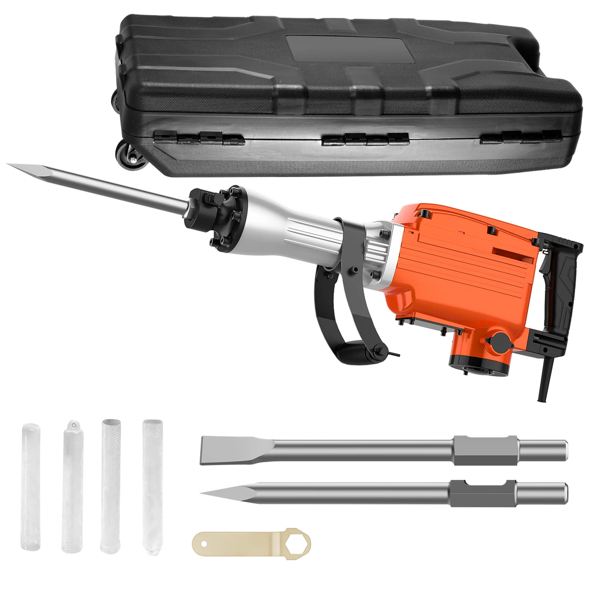 Demolition hammer 2200W hexagonal stone chisel hammer, 65 joules high-performance concrete breaker, vibration-damping handle, 2 chisels
