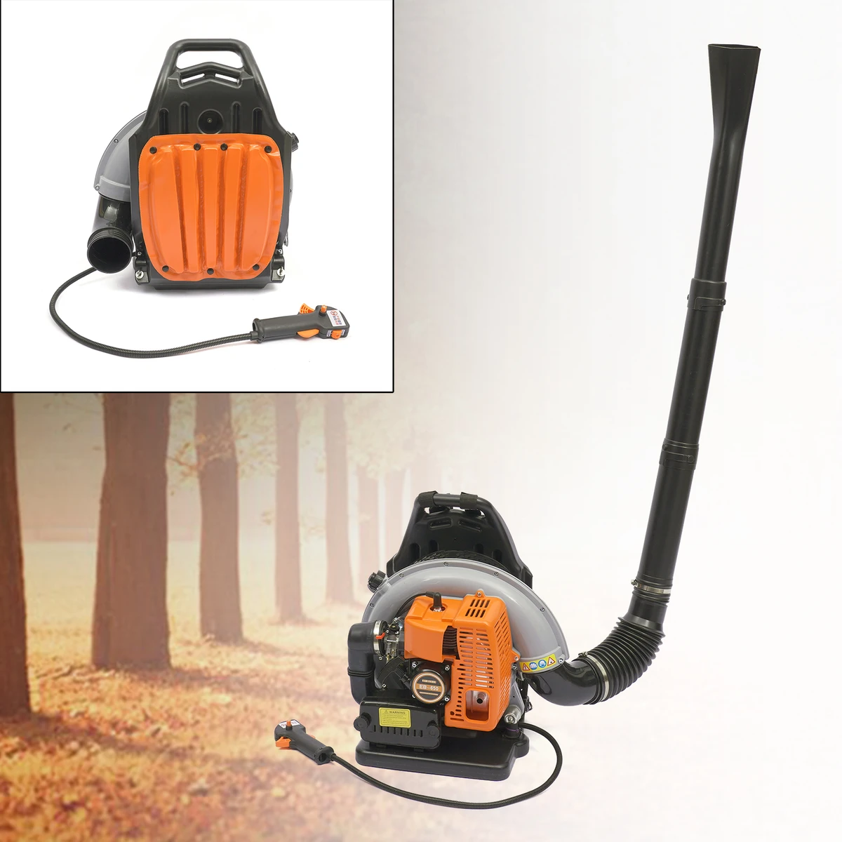 Petrol-powered, air-cooled backpack leaf blower system, ideal for street sweeping, leaf and snow removal.