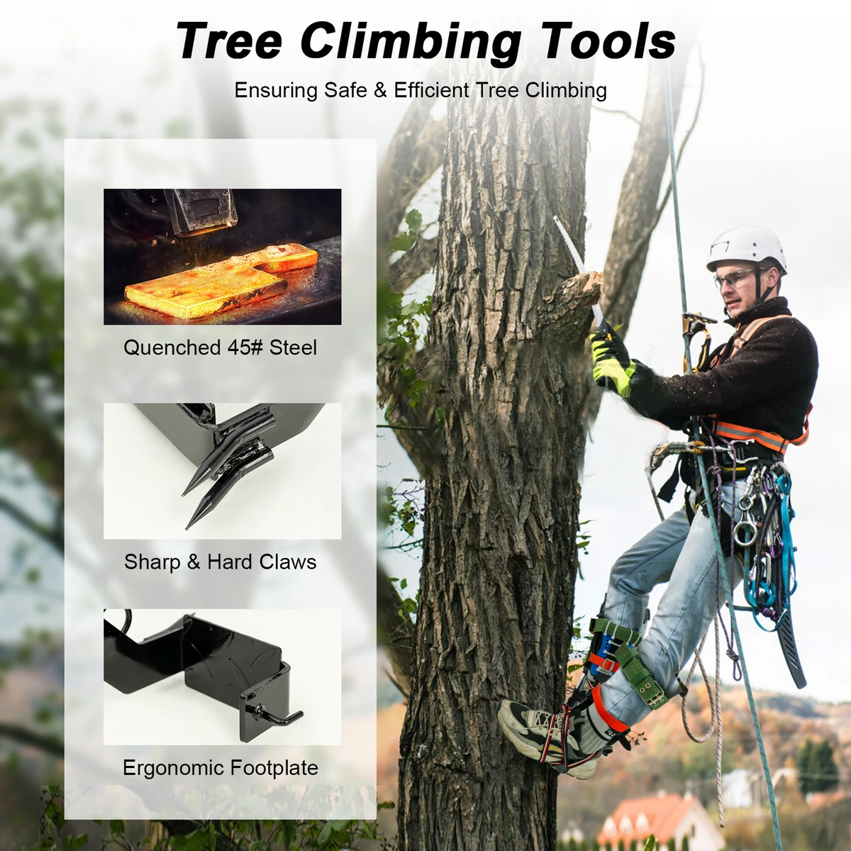 Tree climbing tools with safety harness, 2m rope, 45#. Comfortable set with wide steel foot pedal for fruit picking, jungle survival.