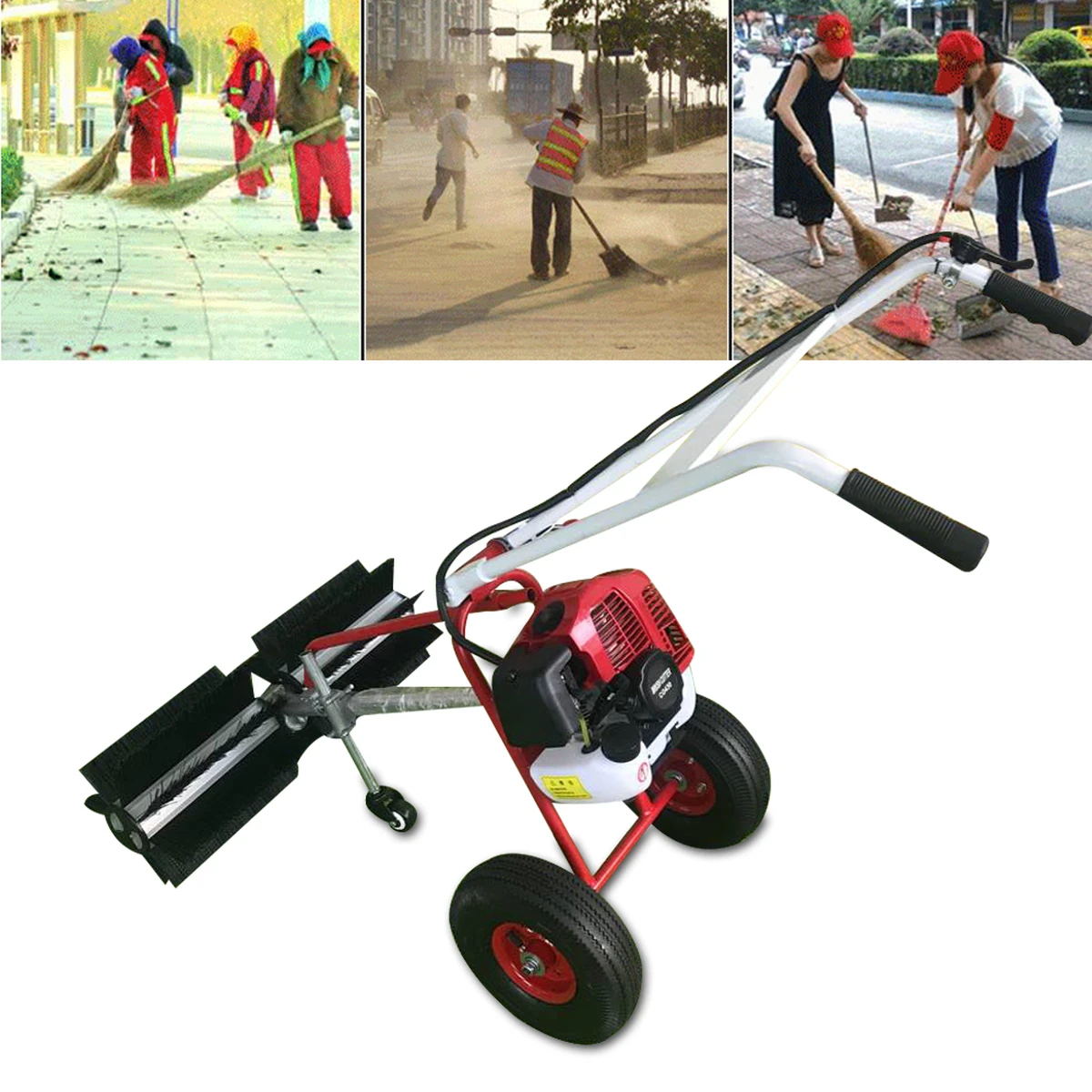 Balayeuse à gazon puissante de 43 cm3 avec moteur à essence 2 temps – Balayeuse portable avec brosse en nylon pour feuilles,neige,saletés et trottoirs