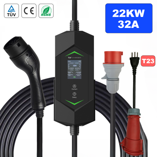 Portable EV Charger Type 2 22kW 32A with CEE to T23 Adapter