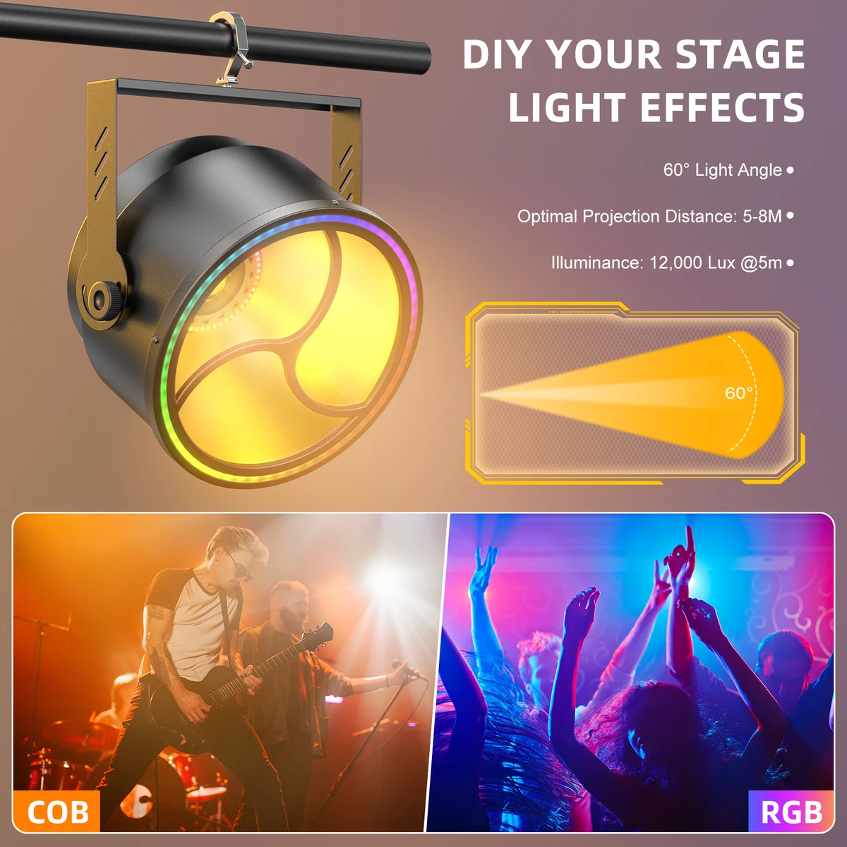 Projecteur PAR LED COB RGB DMX512 – Effet linéaire vintage pour mariages, concerts, théâtre et spectacles vivants